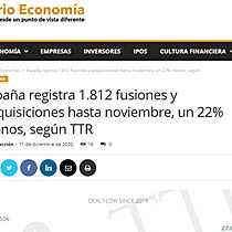 Espaa registra 1.812 fusiones y adquisiciones hasta noviembre, un 22% menos, segn TTR